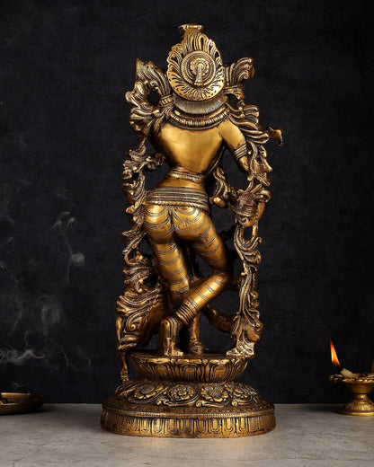Handmade Brass Lord Krishna with Jumping Cow Statue - 18" - Budhshiv.com