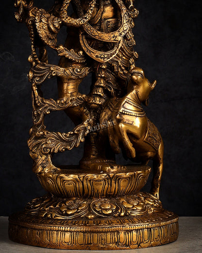 Handmade Brass Lord Krishna with Jumping Cow Statue - 18" - Budhshiv.com