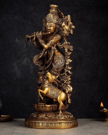 Handmade Brass Lord Krishna with Jumping Cow Statue - 18" - Budhshiv.com