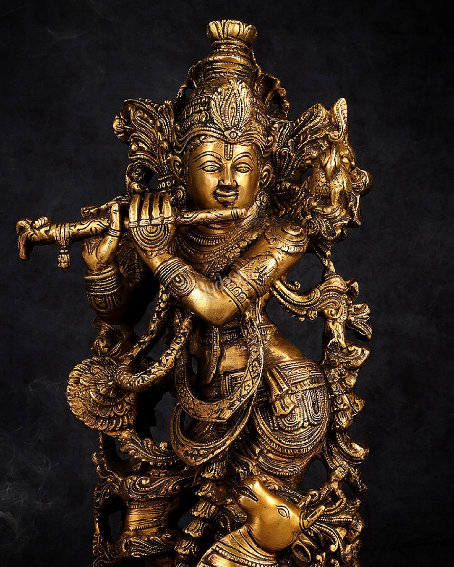 Handmade Brass Lord Krishna with Jumping Cow Statue - 18" - Budhshiv.com