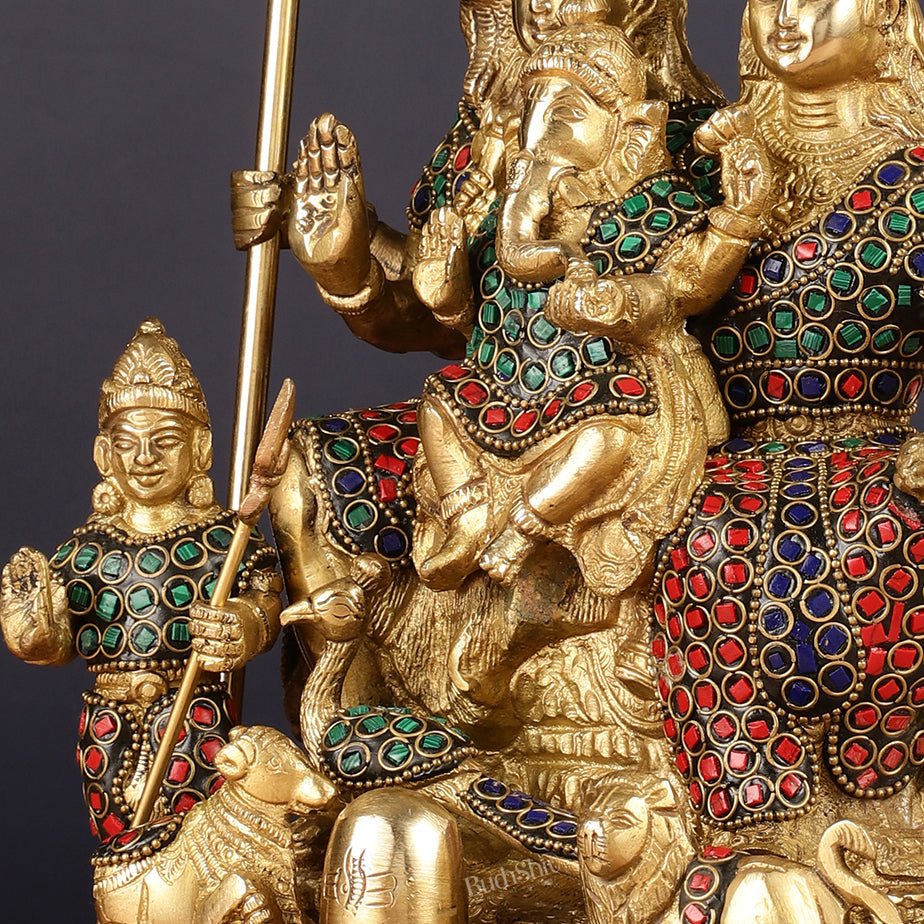 Handmade Brass Lord Shiva Parivaar Idol 10" with stonework - Budhshiv.com