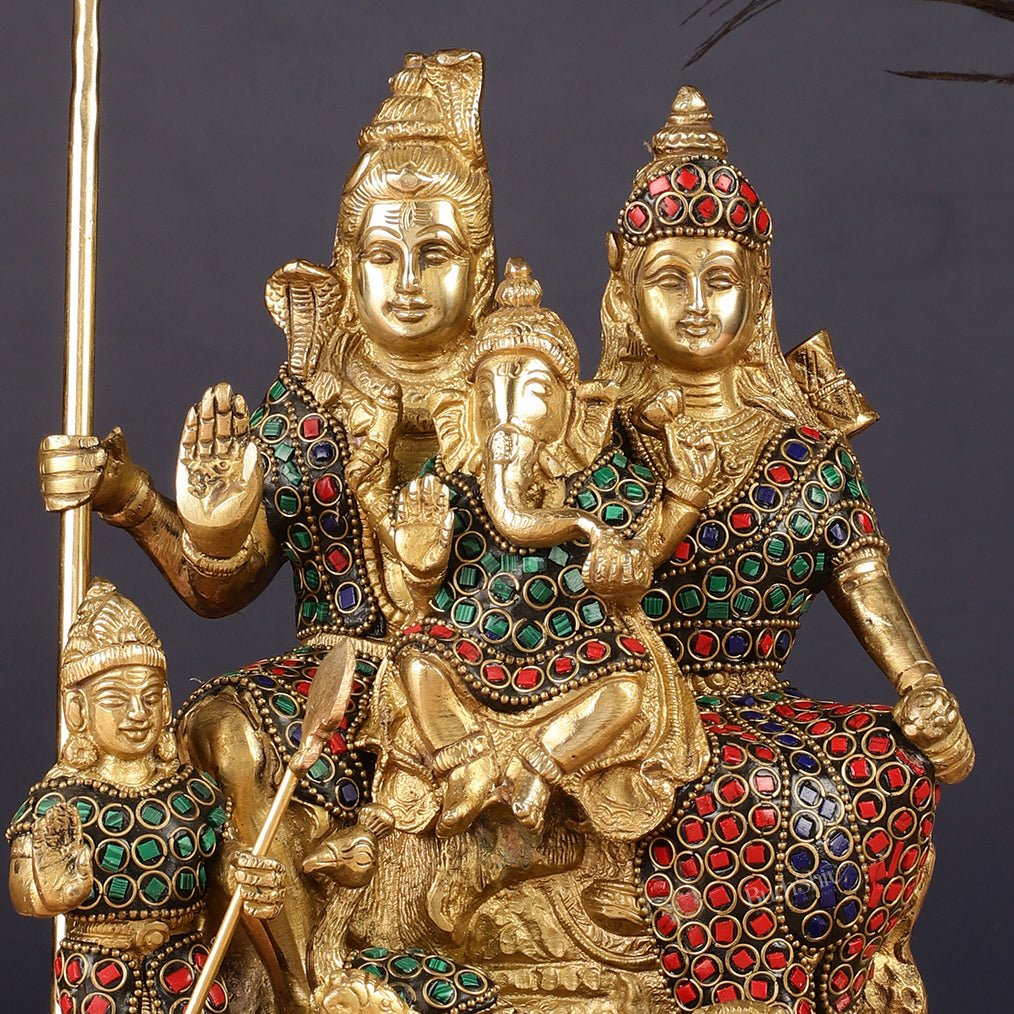 Handmade Brass Lord Shiva Parivaar Idol 10" with stonework - Budhshiv.com