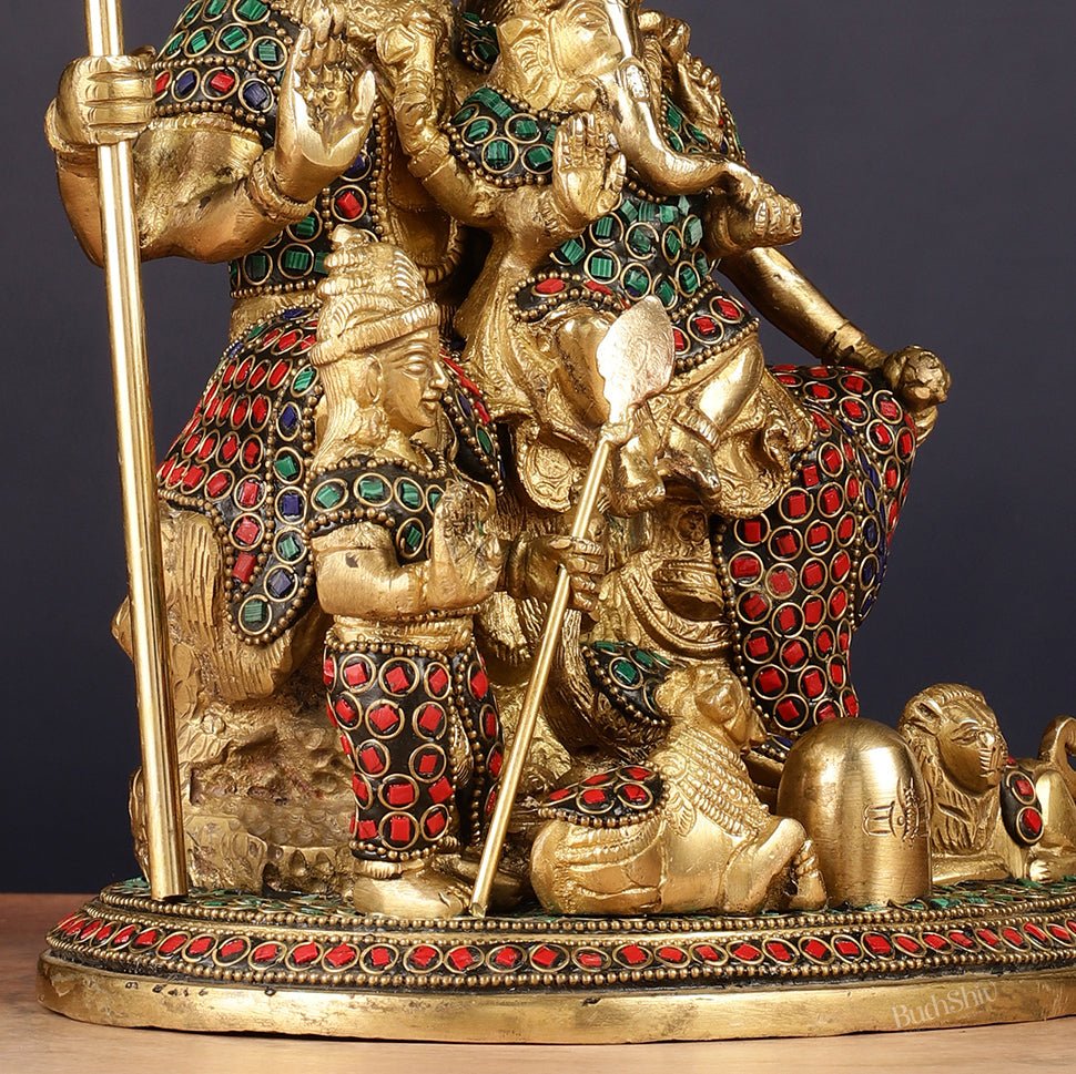Handmade Brass Lord Shiva Parivaar Idol 10" with stonework - Budhshiv.com