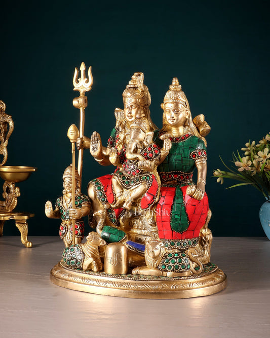 Handmade Brass Lord Shiva Parivaar Idol 9.5" with stonework - Budhshiv.com