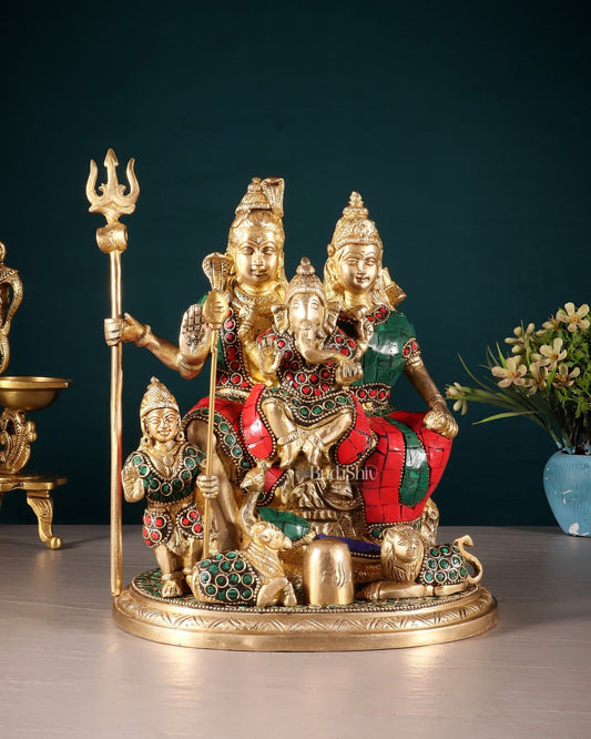 Handmade Brass Lord Shiva Parivaar Idol 9.5" with stonework - Budhshiv.com