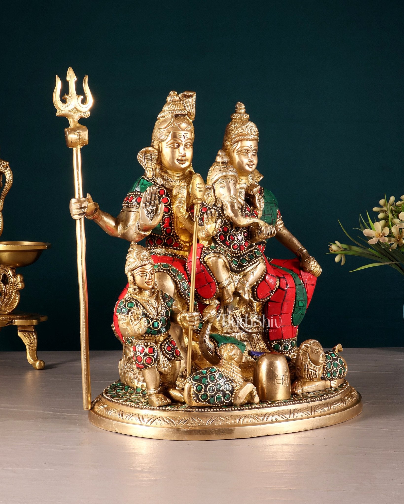 Handmade Brass Lord Shiva Parivaar Idol 9.5" with stonework - Budhshiv.com