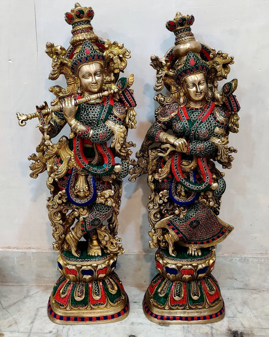 Handmade Brass Radha krishna meenakari Idol 30 inch - Budhshiv.com