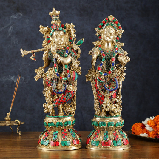 Handmade Radhakrishna Idol with Meenakari Stonework – 18" Height - Budhshiv.com