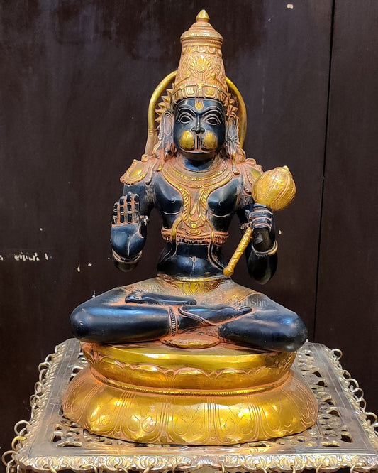 Handmade Superfine Brass Lord Hanuman Statue Black Stone Finish | 16" - Budhshiv.com