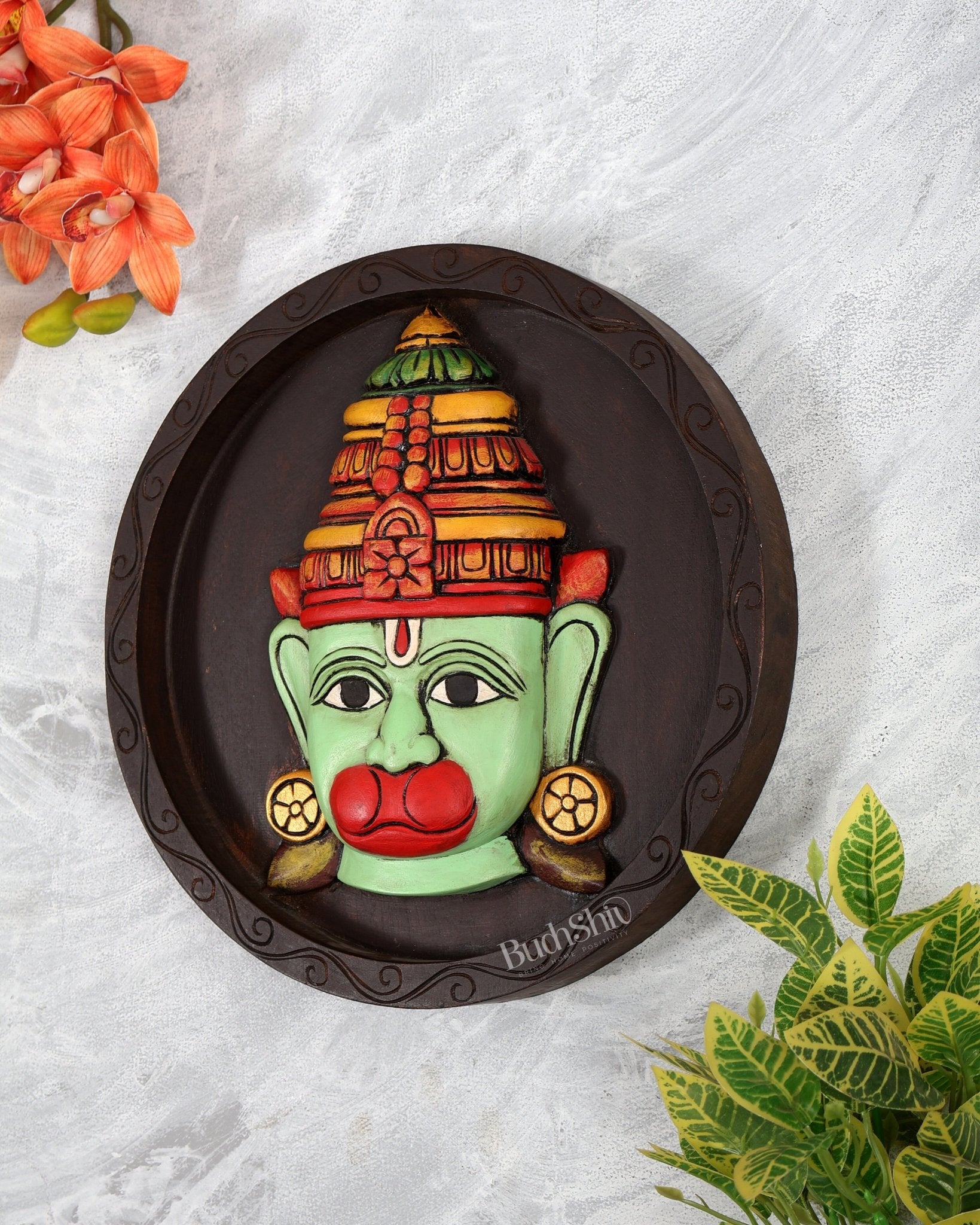 Handpainted Wooden Hanuman Face round Wall Hanging – Green Finish Decorative Panel (12 Inches) - Budhshiv.com
