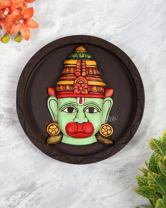Handpainted Wooden Hanuman Face round Wall Hanging – Green Finish Decorative Panel (12 Inches) - Budhshiv.com