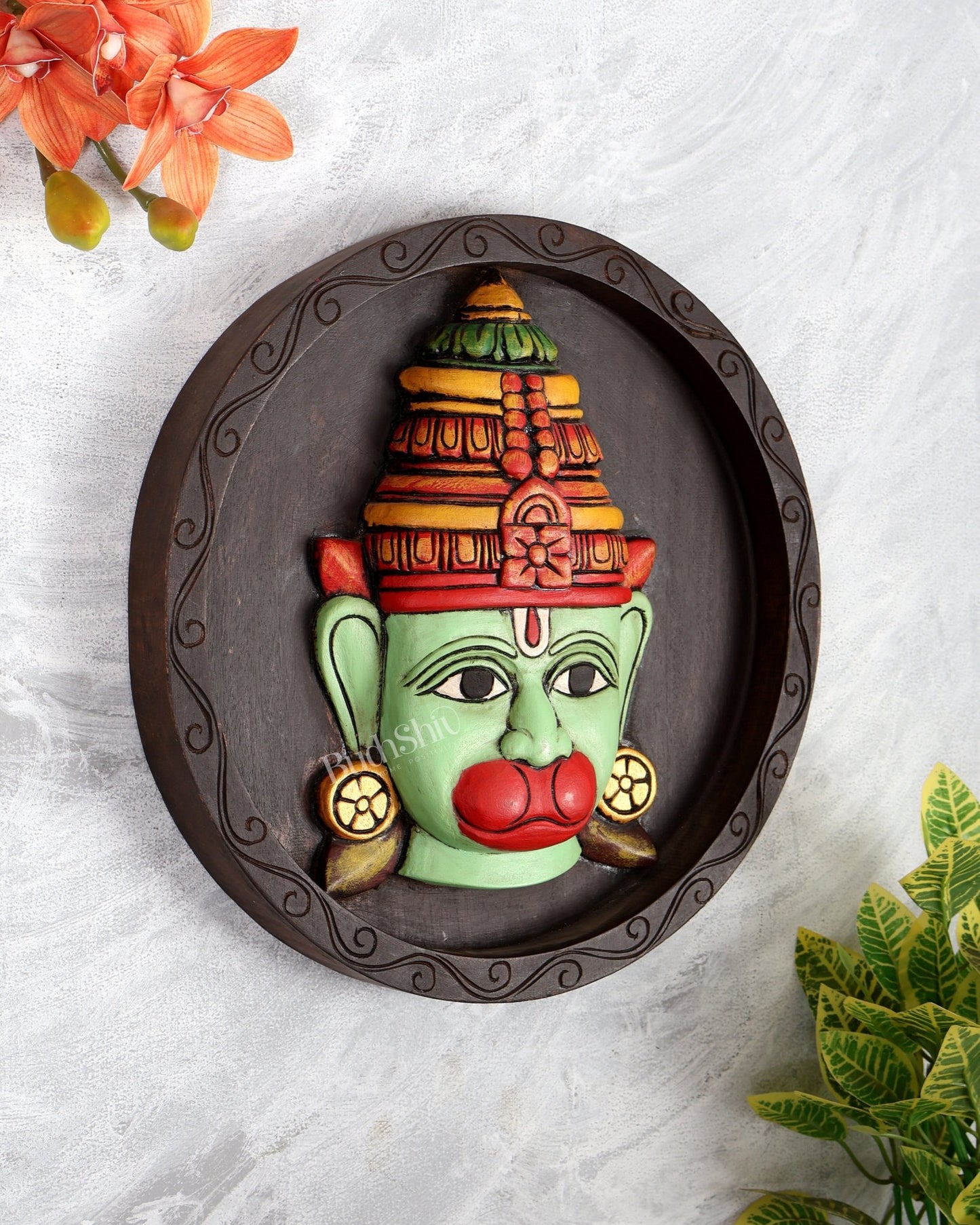 Handpainted Wooden Hanuman Face round Wall Hanging – Green Finish Decorative Panel (12 Inches) - Budhshiv.com