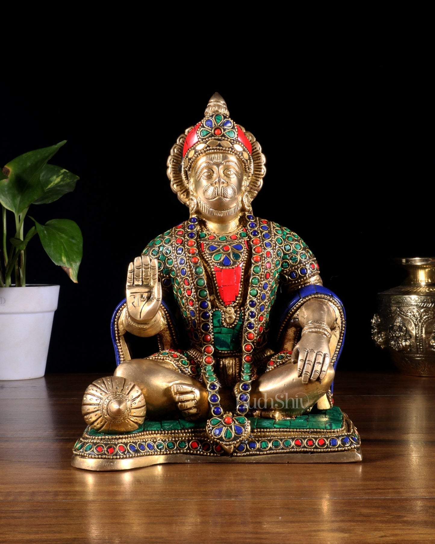 Hanuman ji Brass Idol 9.5" with stonework - Budhshiv.com