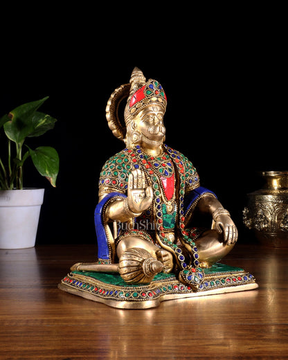 Hanuman ji Brass Idol 9.5" with stonework - Budhshiv.com