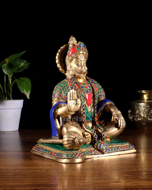 Hanuman ji Brass Idol 9.5" with stonework - Budhshiv.com