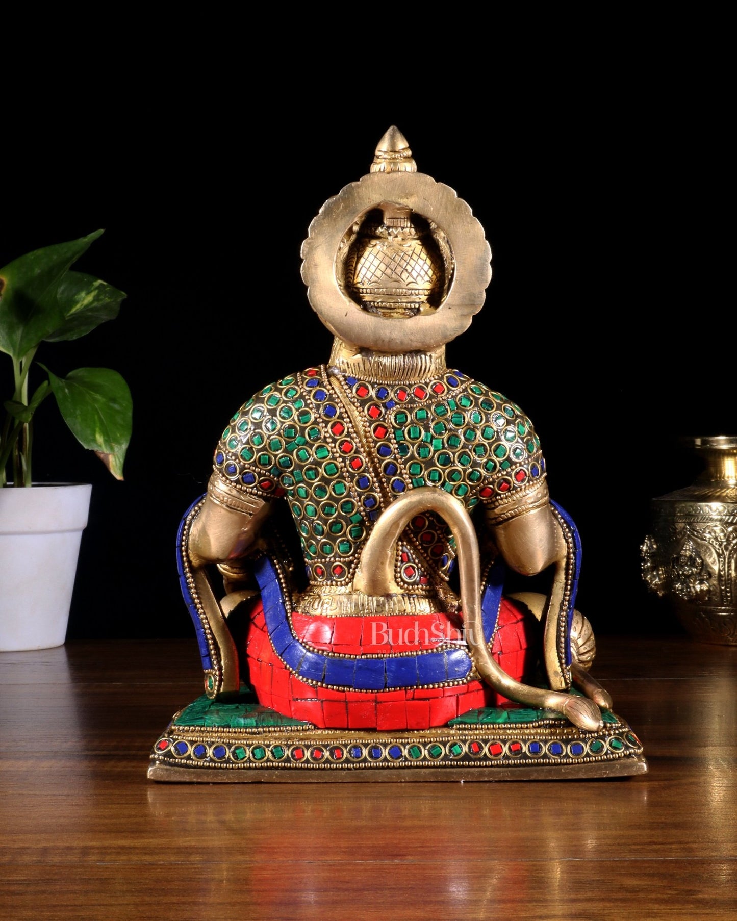 Hanuman ji Brass Idol 9.5" with stonework - Budhshiv.com