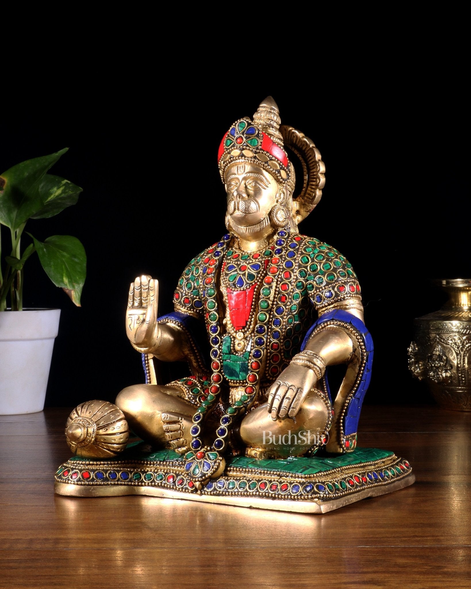 Hanuman ji Brass Idol 9.5" with stonework - Budhshiv.com