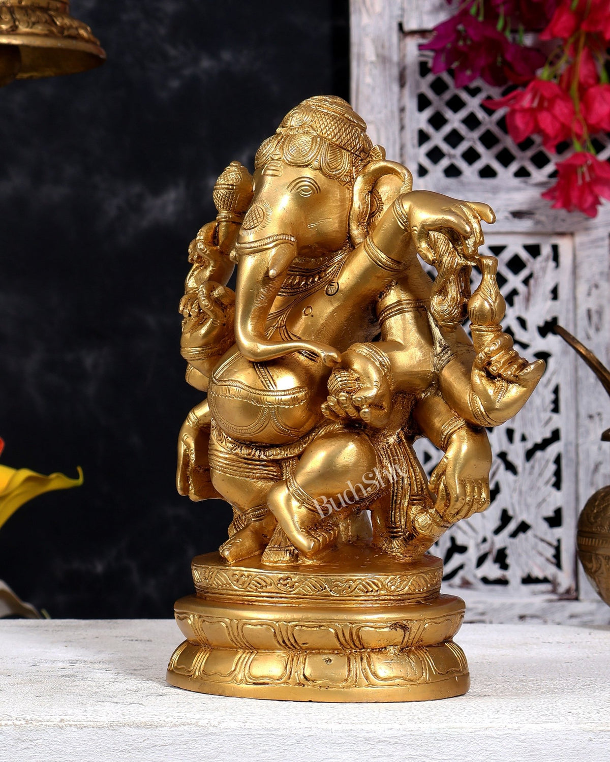 Heavy Brass Dancing Ganesha with 8 Arms Sculpture 10 inch - Budhshiv.com
