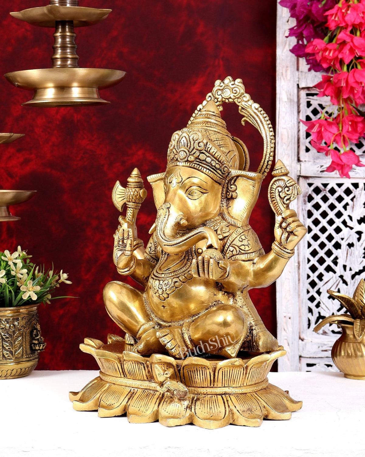 Heavy Brass Lord Ganesha on Lotus Statue — Sharp Features 15 inch - Budhshiv.com
