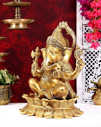 Heavy Brass Lord Ganesha on Lotus Statue — Sharp Features 15 inch - Budhshiv.com