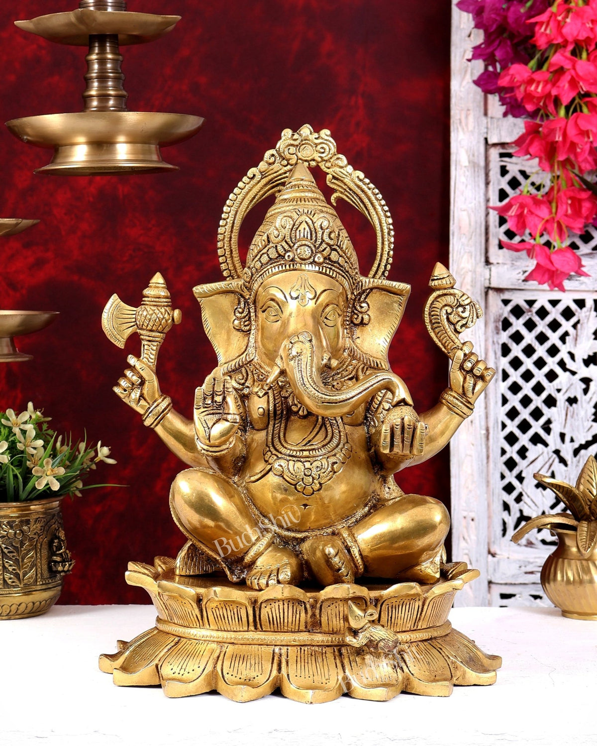 Heavy Brass Lord Ganesha on Lotus Statue — Sharp Features 15 inch - Budhshiv.com