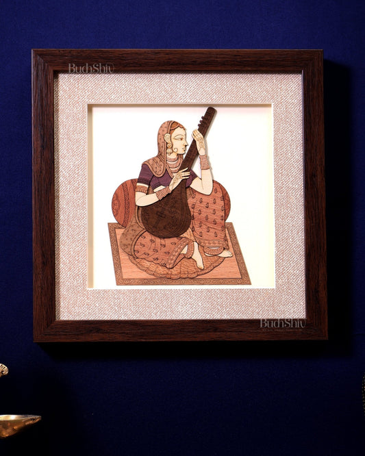 Indian Lady Playing Veena – Handcrafted Wooden 3D Wall Hanging - Budhshiv.com