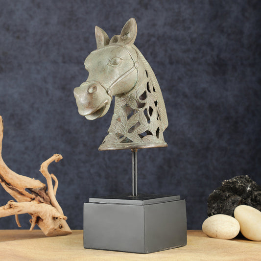 Indonesian Bronze Artistic Horse Head Table Accent | Vintage Lost Wax | 12" | - Budhshiv.com