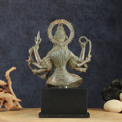 Indonesian Bronze Eight - Armed Goddess Durga Seated on Wooden Base | 14" | - Budhshiv.com