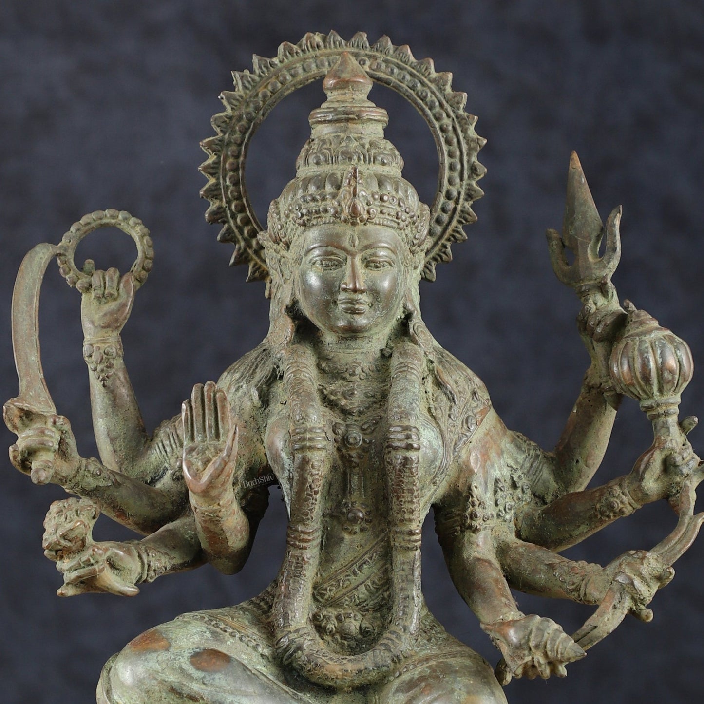 Indonesian Bronze Eight - Armed Goddess Durga Seated on Wooden Base | 14" | - Budhshiv.com