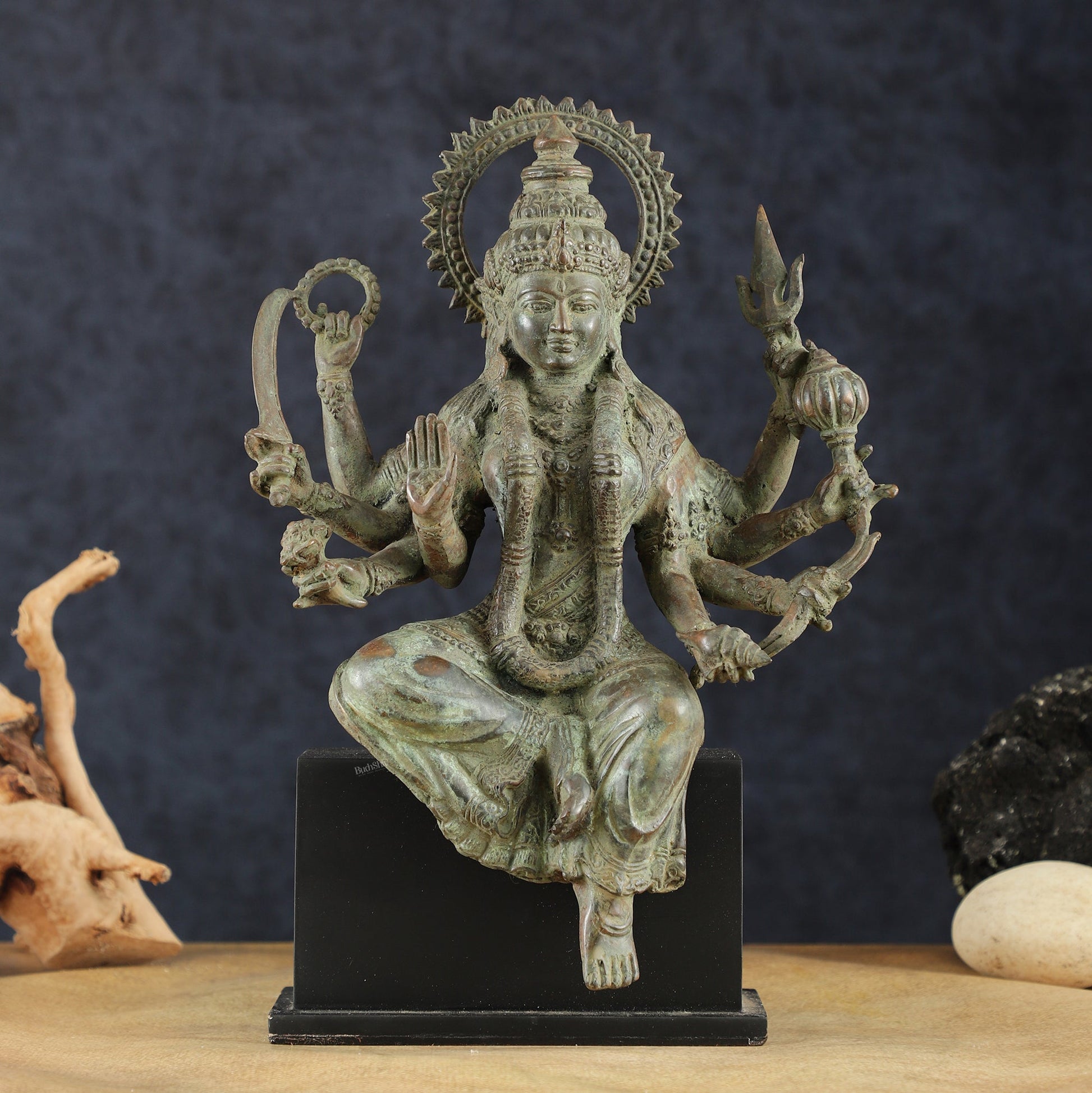 Indonesian Bronze Eight - Armed Goddess Durga Seated on Wooden Base | 14" | - Budhshiv.com