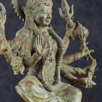 Indonesian Bronze Eight - Armed Goddess Durga Seated on Wooden Base | 14" | - Budhshiv.com