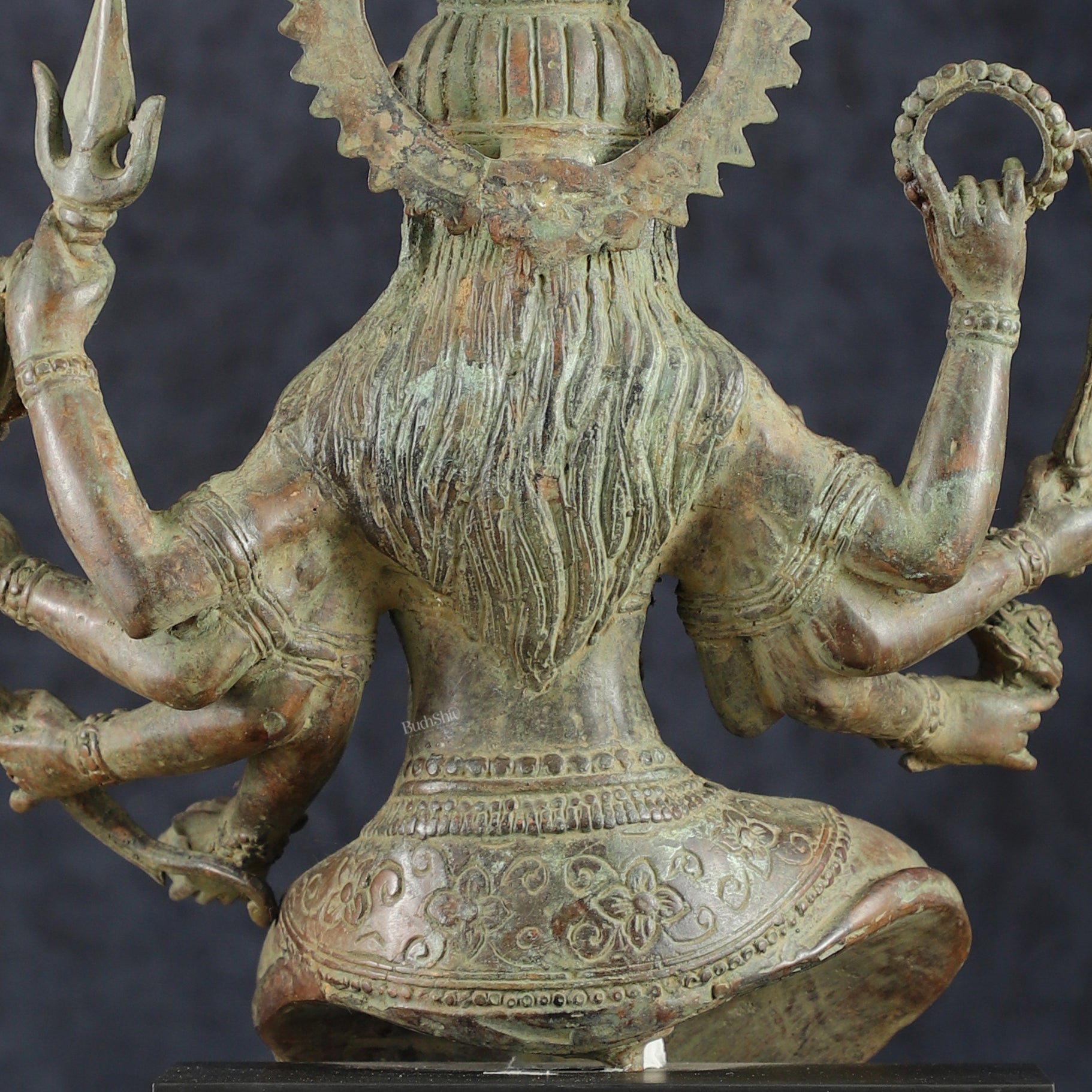 Indonesian Bronze Eight - Armed Goddess Durga Seated on Wooden Base | 14" | - Budhshiv.com