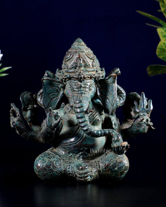Indonesian Bronze Ganesha | 3 - Face Small Sculpture, 12.5 cm (5 inch) - Budhshiv.com