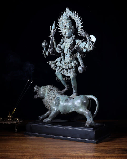 Indonesian Bronze Kali Standing on Lion – 21.2" Bronze Statue - Budhshiv.com