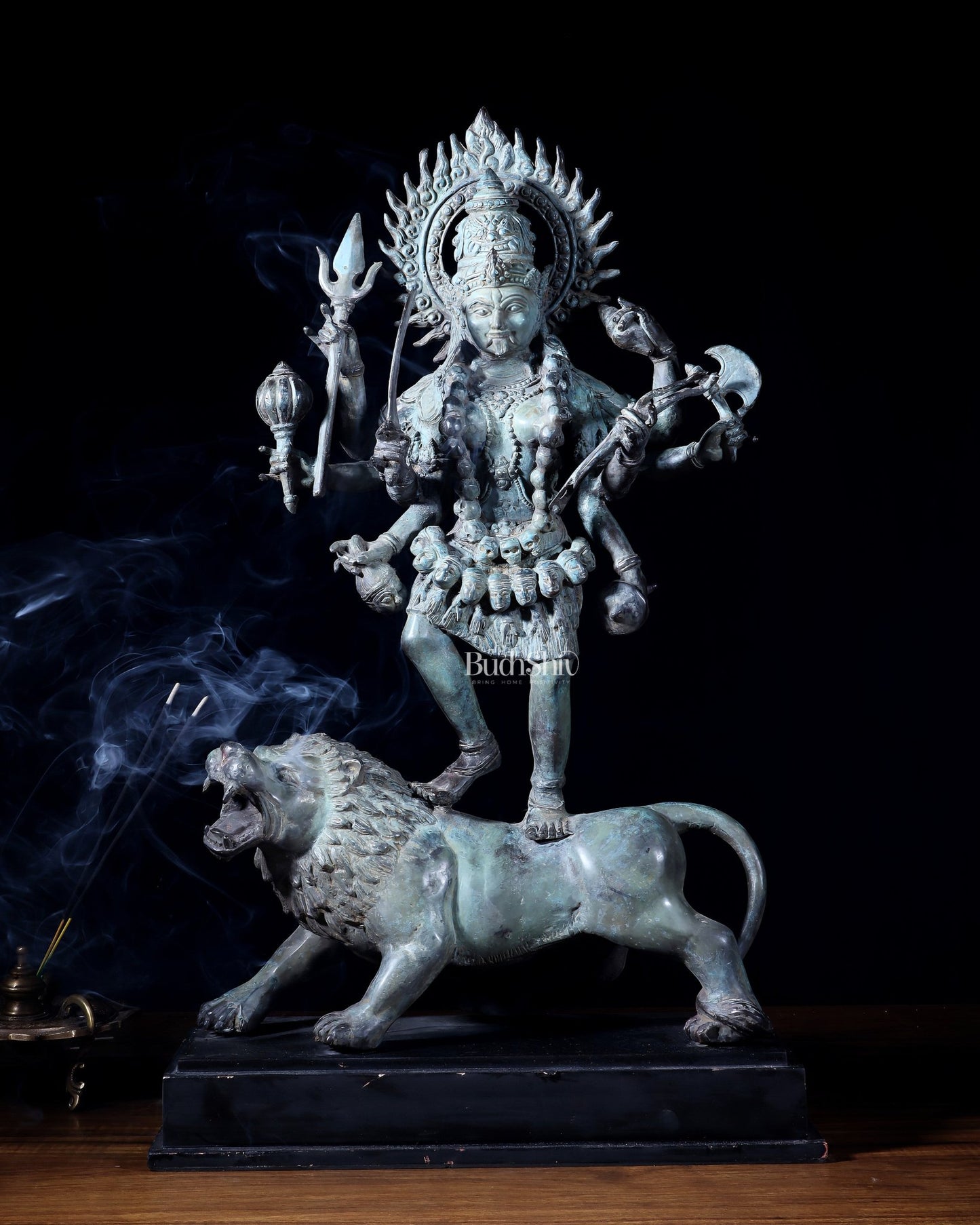 Indonesian Bronze Kali Standing on Lion – 21.2" Bronze Statue - Budhshiv.com