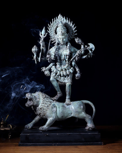 Indonesian Bronze Kali Standing on Lion – 21.2" Bronze Statue - Budhshiv.com