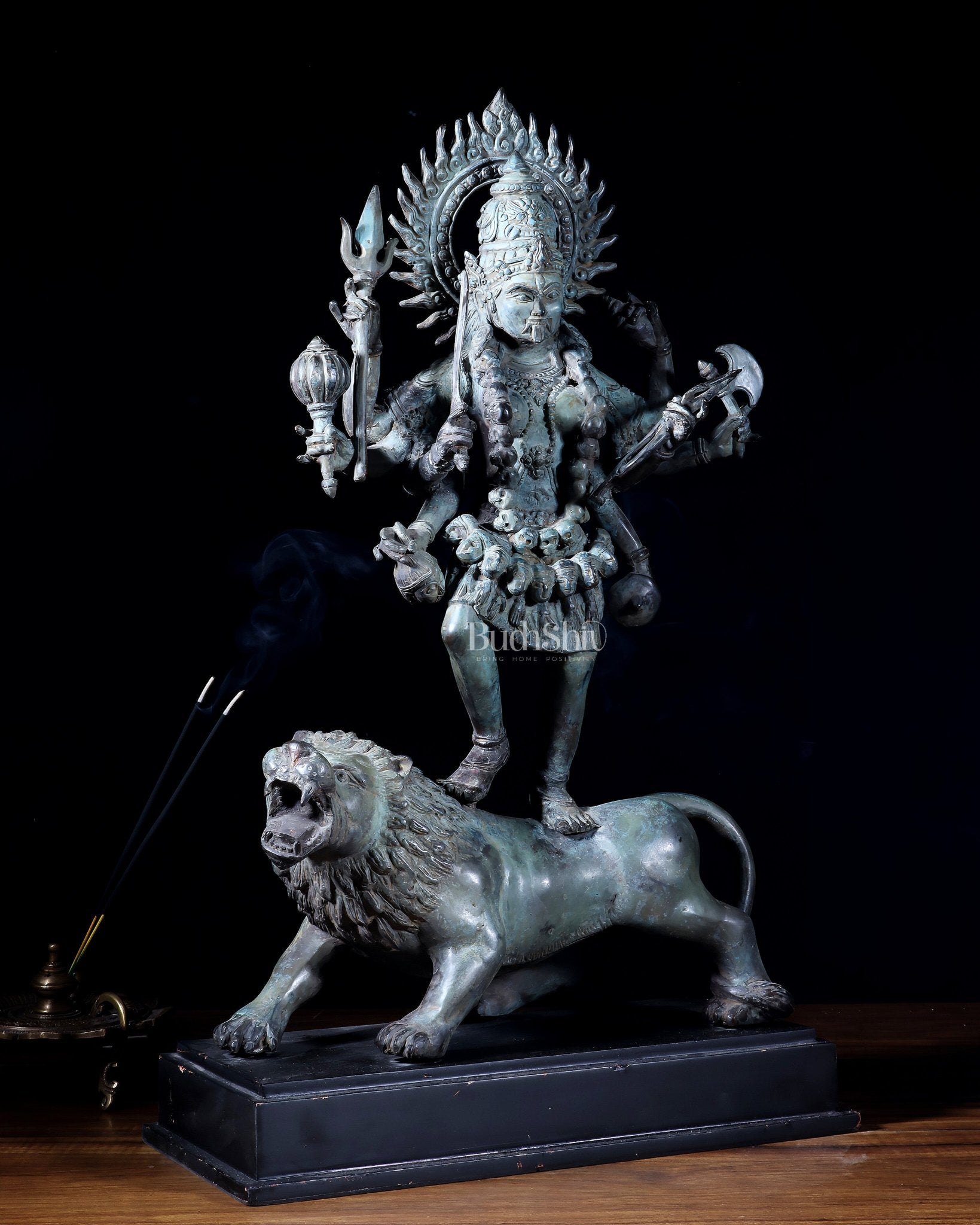 Indonesian Bronze Kali Standing on Lion – 21.2" Bronze Statue - Budhshiv.com