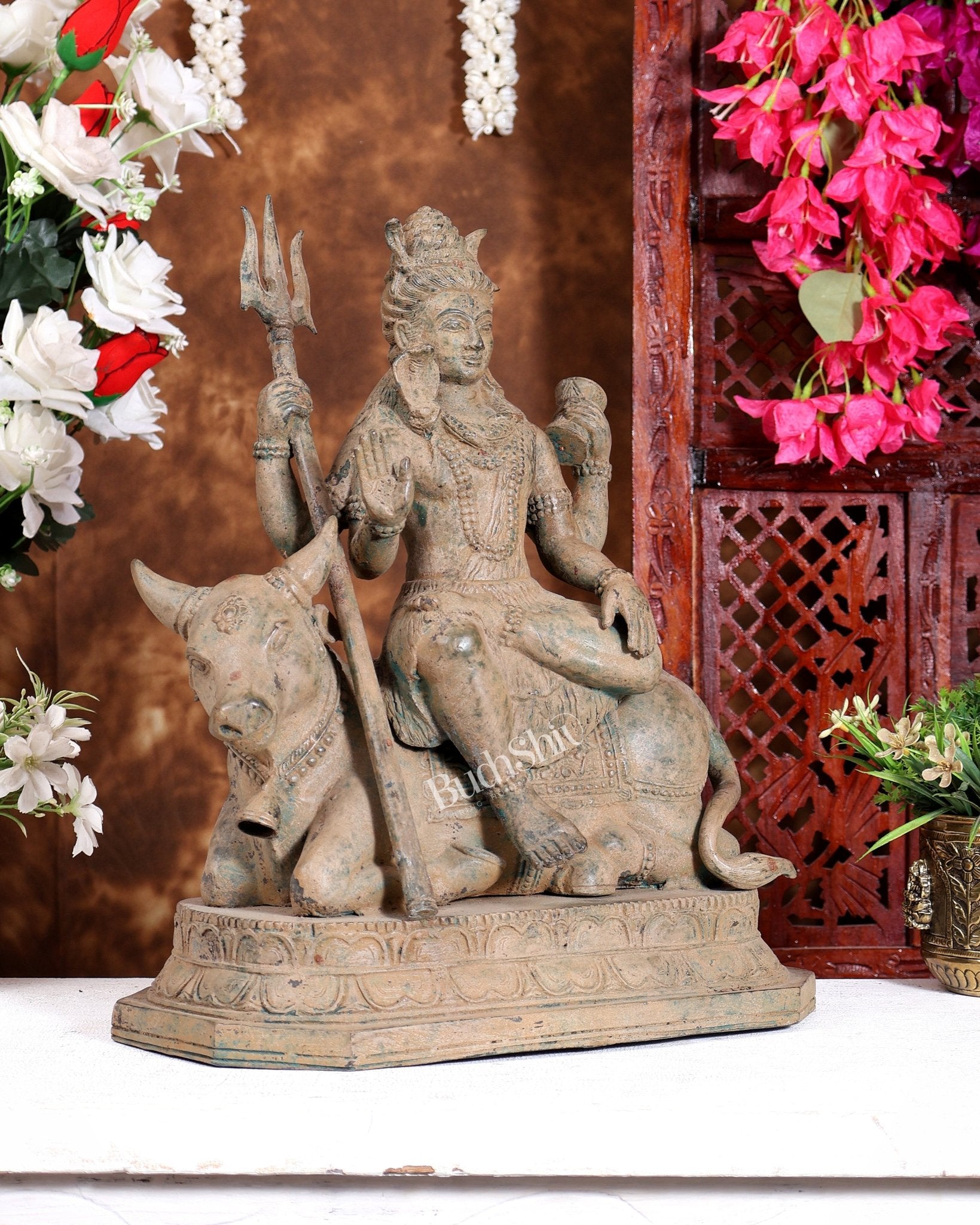 Indonesian Bronze Lord Shiva Seated on Nandi 16 inch - Budhshiv.com