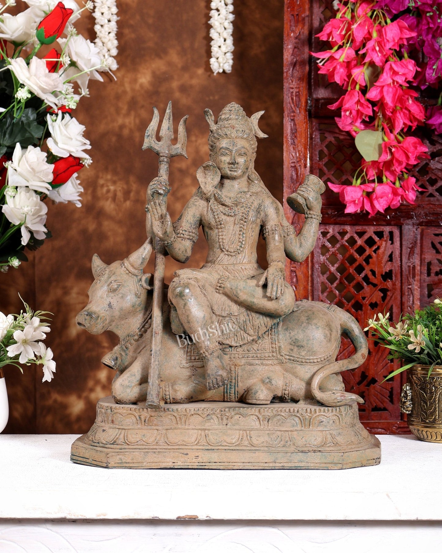 Indonesian Bronze Lord Shiva Seated on Nandi 16 inch - Budhshiv.com