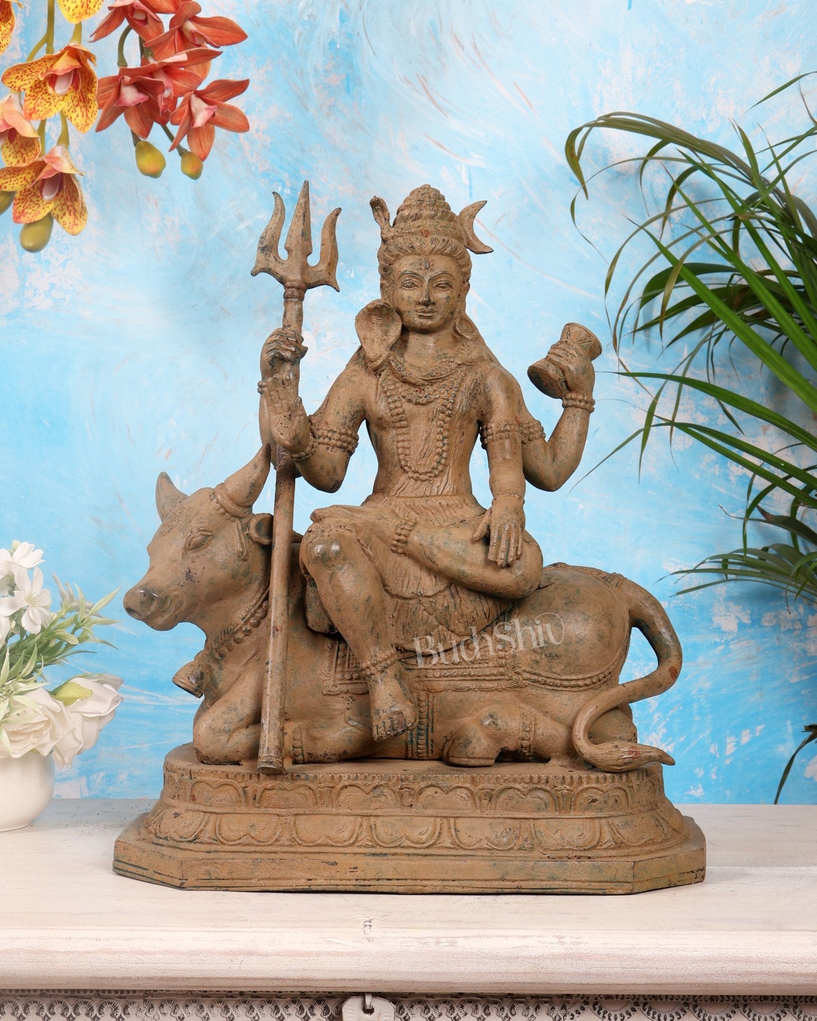 Indonesian Bronze Lord Shiva Seated on Nandi 16" - Budhshiv.com