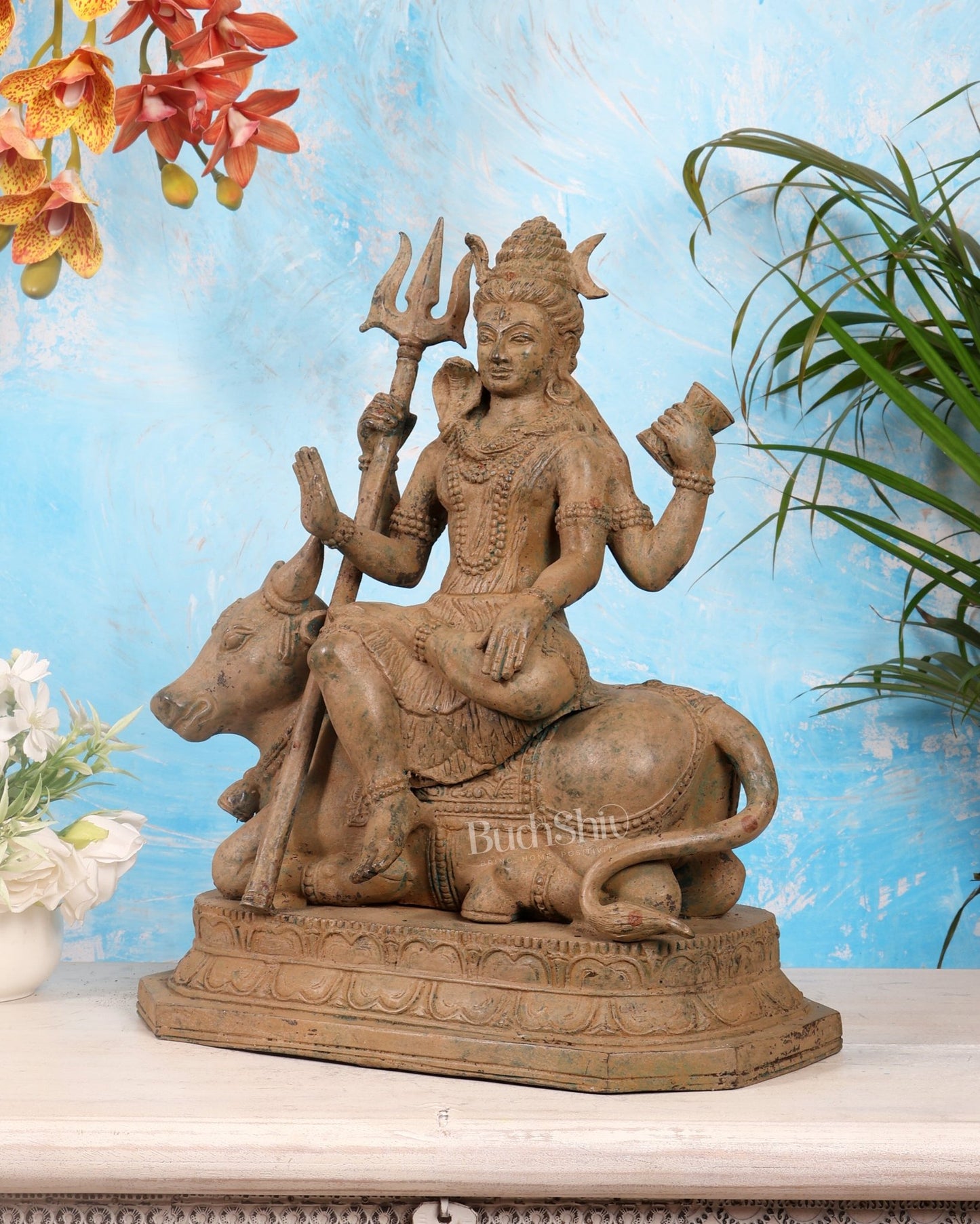 Indonesian Bronze Lord Shiva Seated on Nandi 16" - Budhshiv.com