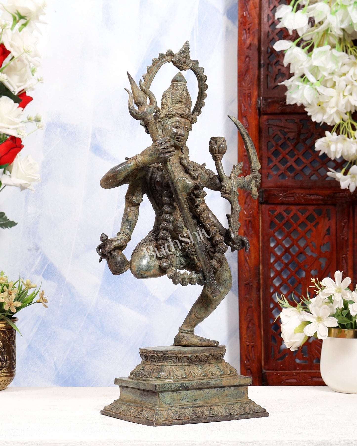 Indonesian Bronze Rare Dancing Mahakali Ma Statue | Height: 16.5 inch green patina - Budhshiv.com