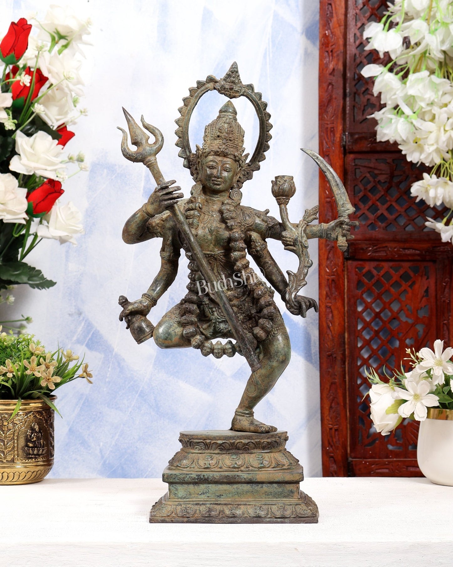 Indonesian Bronze Rare Dancing Mahakali Ma Statue | Height: 16.5 inch green patina - Budhshiv.com