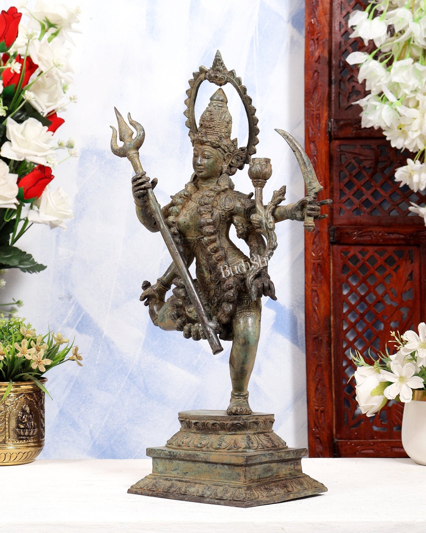Indonesian Bronze Rare Dancing Mahakali Ma Statue | Height: 16.5 inch green patina - Budhshiv.com