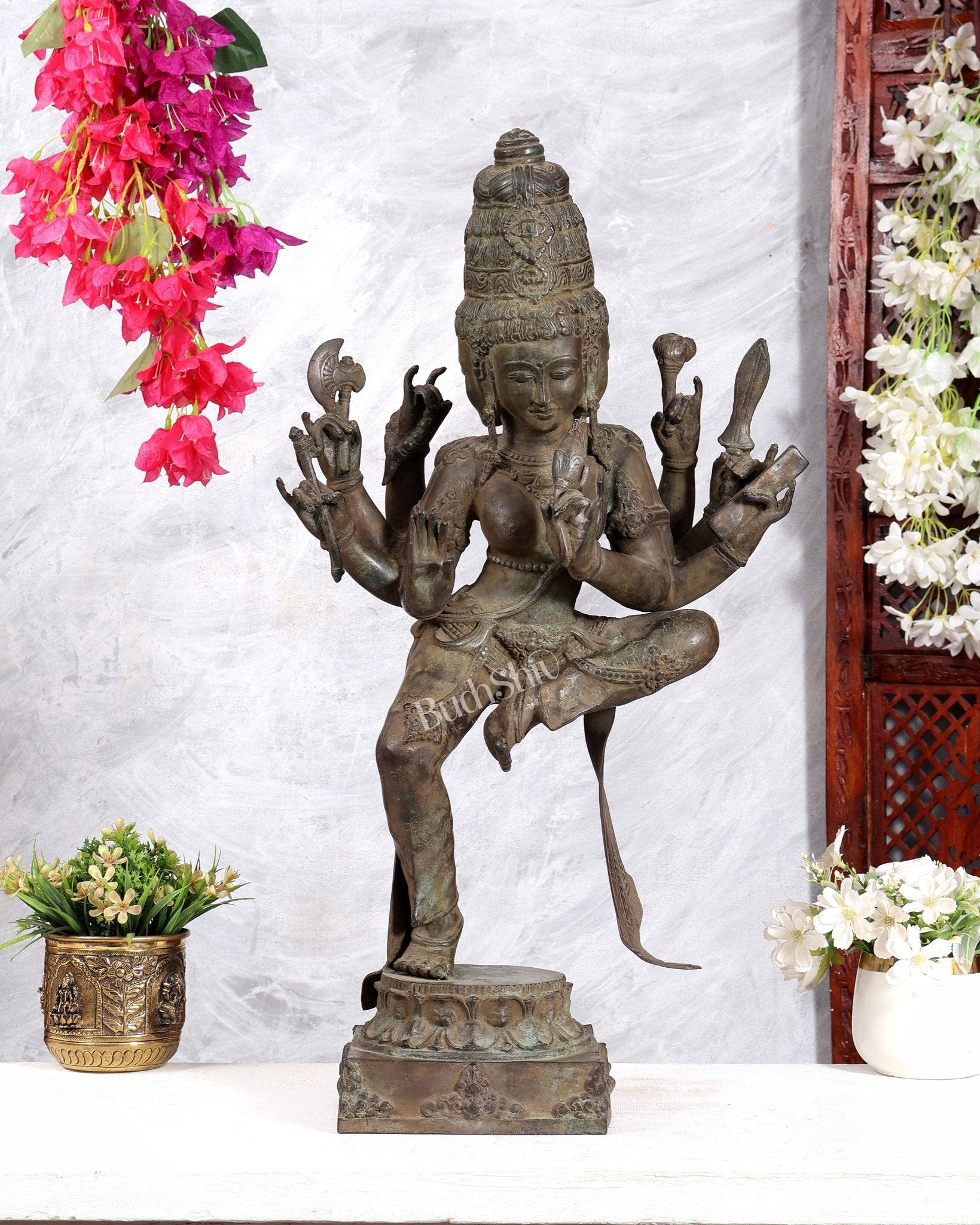 Indonesian Bronze Three-Headed Dancing Parvati Statue | Lost Wax Sculpture | 24 inch - Budhshiv.com