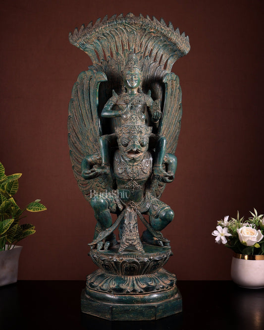 Indonesian Bronze Vishnu Seated on Garuda Sculpture 25 inch - Budhshiv.com