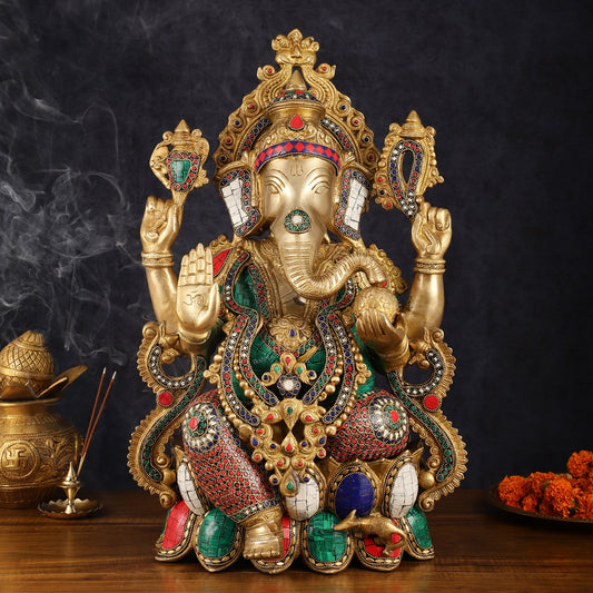 Intricate 21 - Inch Brass Ganesha Statue with Stonework - Seated on Lotus - Budhshiv.com