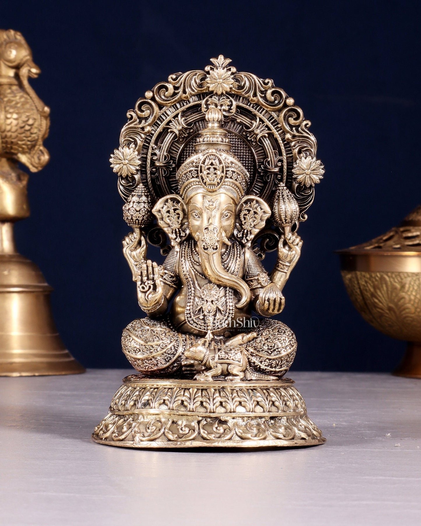 Intricate Brass Superfine Ganesha on Throne Idol 5.25" - Budhshiv.com