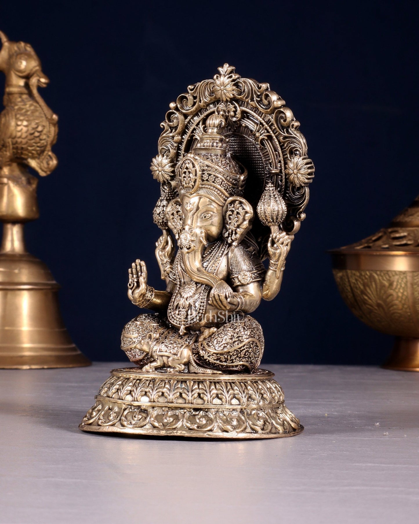 Intricate Brass Superfine Ganesha on Throne Idol 5.25" - Budhshiv.com