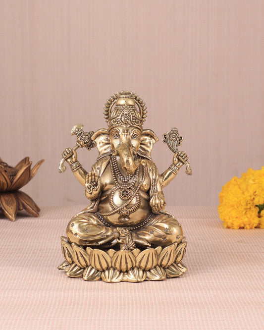 Intricate Ganesha Superfine Brass Idol with Clear Detailing 6' - Budhshiv.com